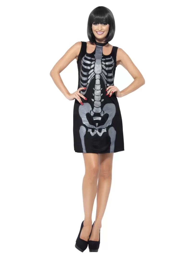 Skeleton Shift Dress Ladies Halloween Fancy Dress Costume