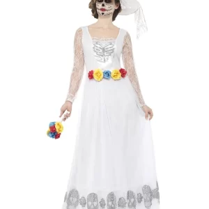 Day of The Dead White Skeleton Bride Ladies Halloween Fancy Dress Costume