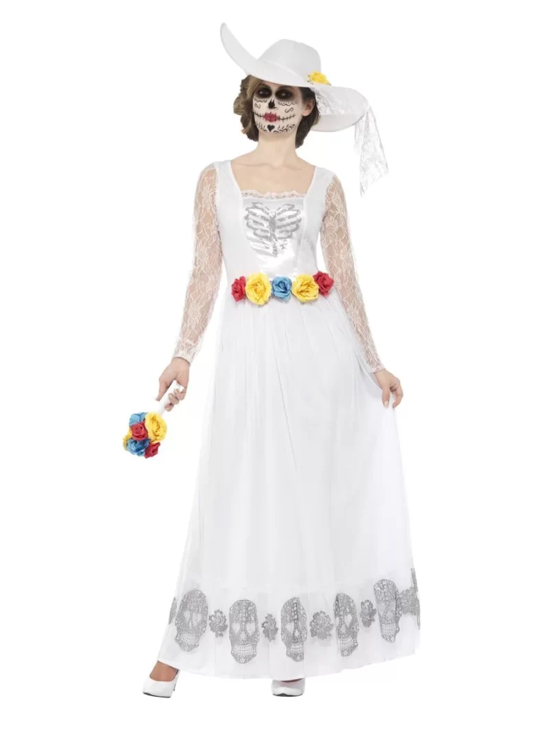 Day of The Dead White Skeleton Bride Ladies Halloween Fancy Dress Costume