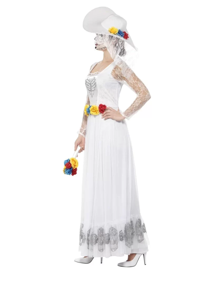 Day of The Dead White Skeleton Bride Ladies Halloween Fancy Dress Costume - Image 3