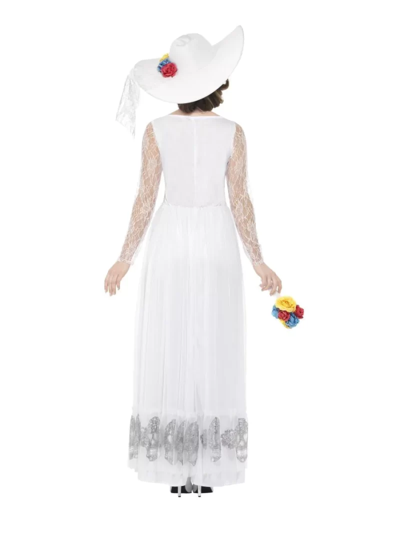 Day of The Dead White Skeleton Bride Ladies Halloween Fancy Dress Costume - Image 2