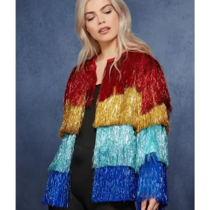 Fever Rainbow Tinsel Festival Pride Jacket Ladies Fancy Dress Costume