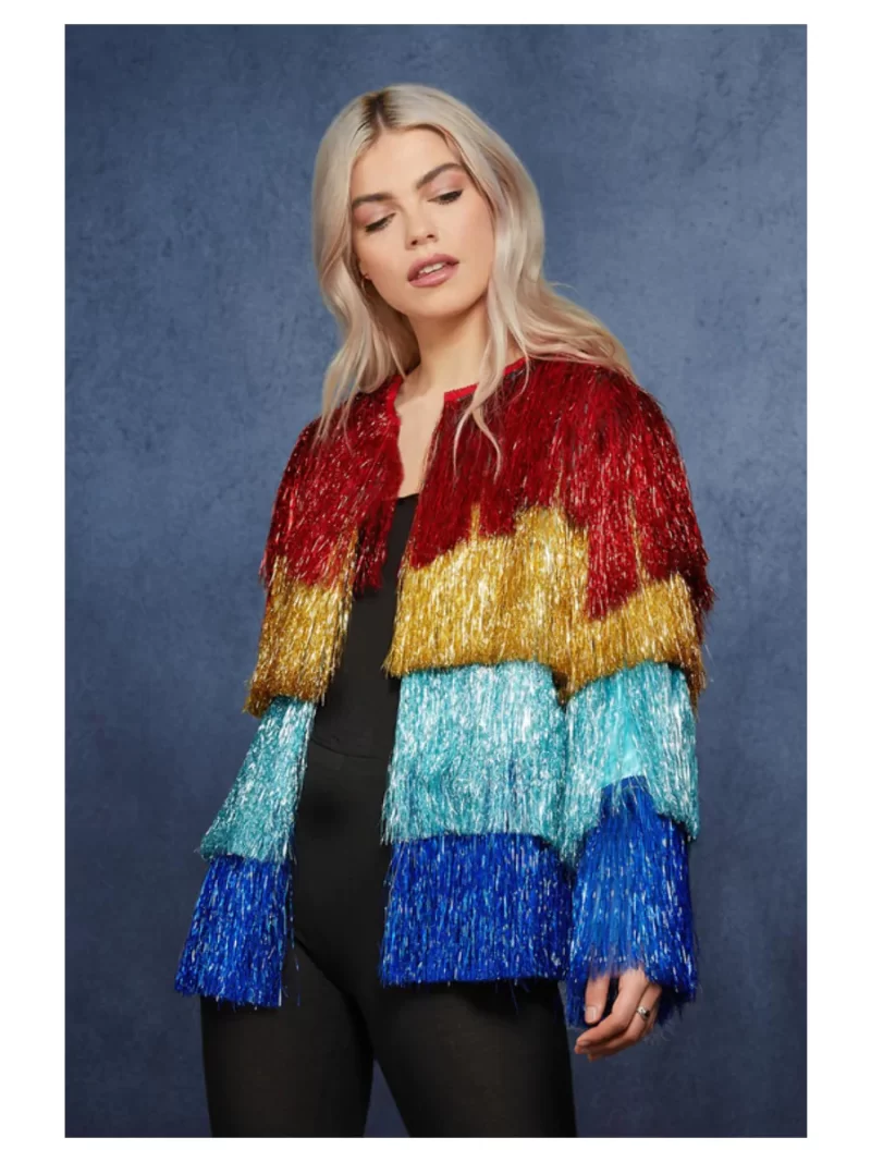 Fever Rainbow Tinsel Festival Pride Jacket Ladies Fancy Dress Costume