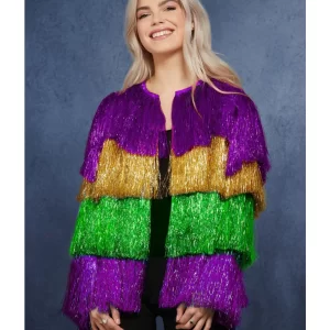 Fever Mardi Gras Tinsel Jacket Lades Fancy Dress Costume