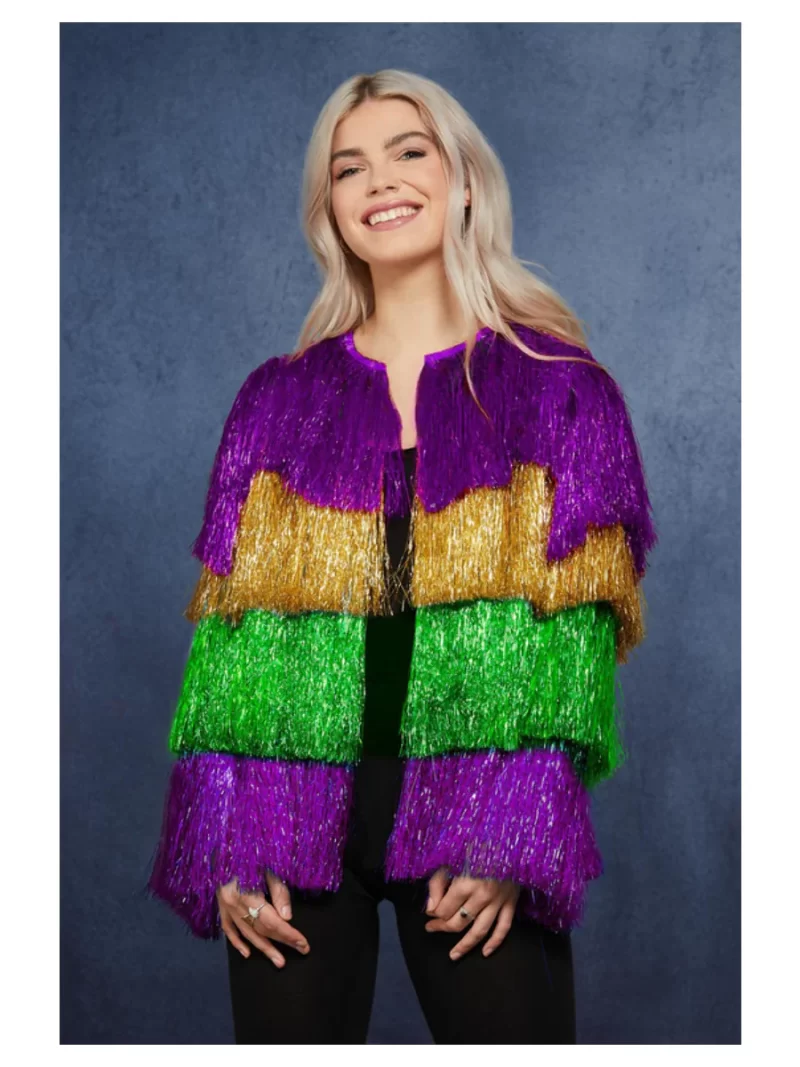Fever Mardi Gras Tinsel Jacket Lades Fancy Dress Costume