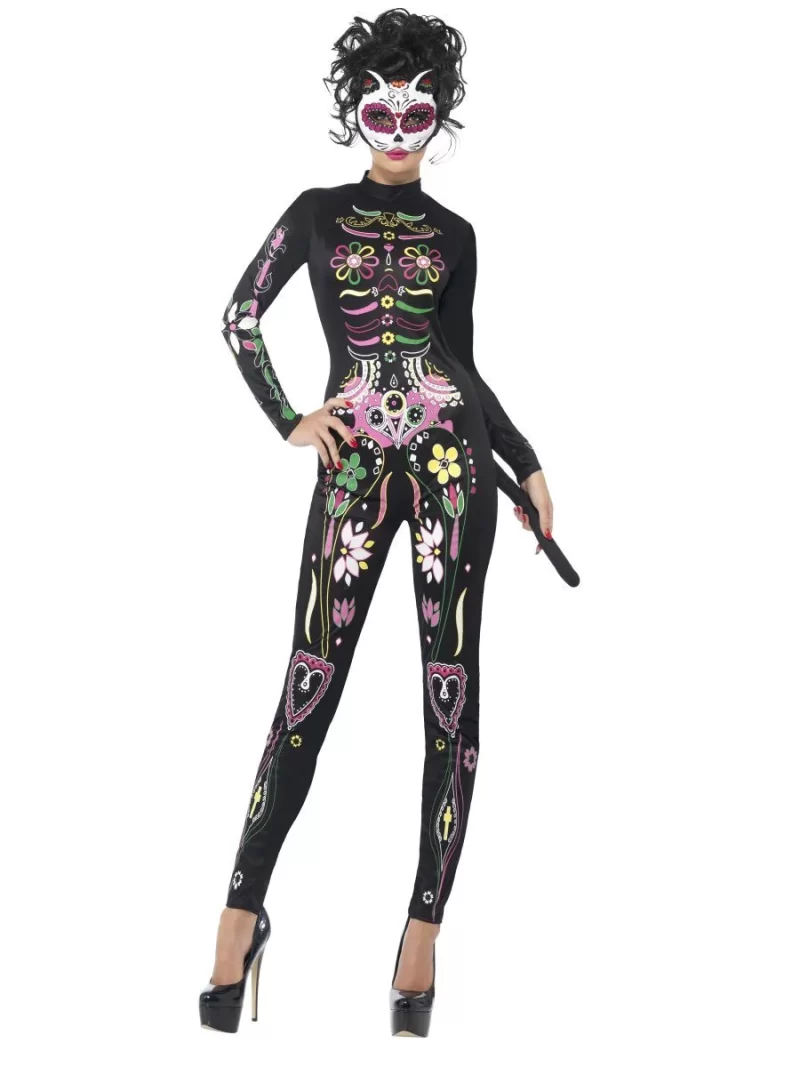 Day of the Dead Catsuit Ladies Halloween Fancy Dress Costume