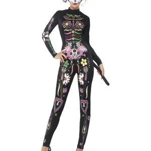 Sugar Skull Cat Catsuit Ladies Fancy Dress Costume
