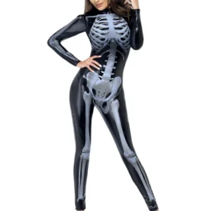 Fever Miss Whiplash Skeleton Catsuit Ladies Fancy Dress Costume
