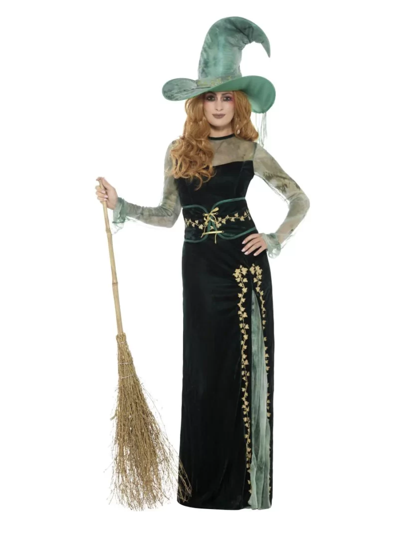 Deluxe Emerald Witch Ladies Halloween Fancy Dress Costume