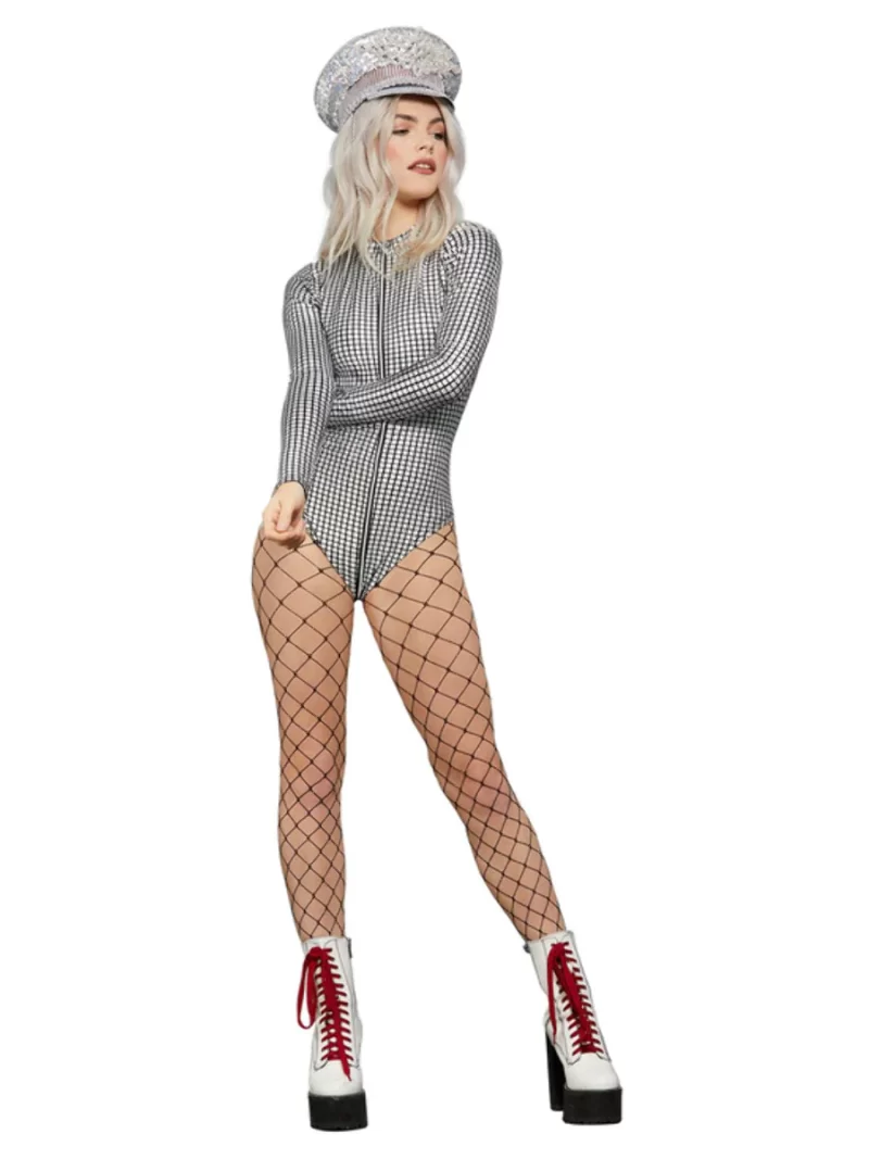 Fever Miss Whiplash Disco Holographic Bodysuit Ladies Fancy Dress Costume