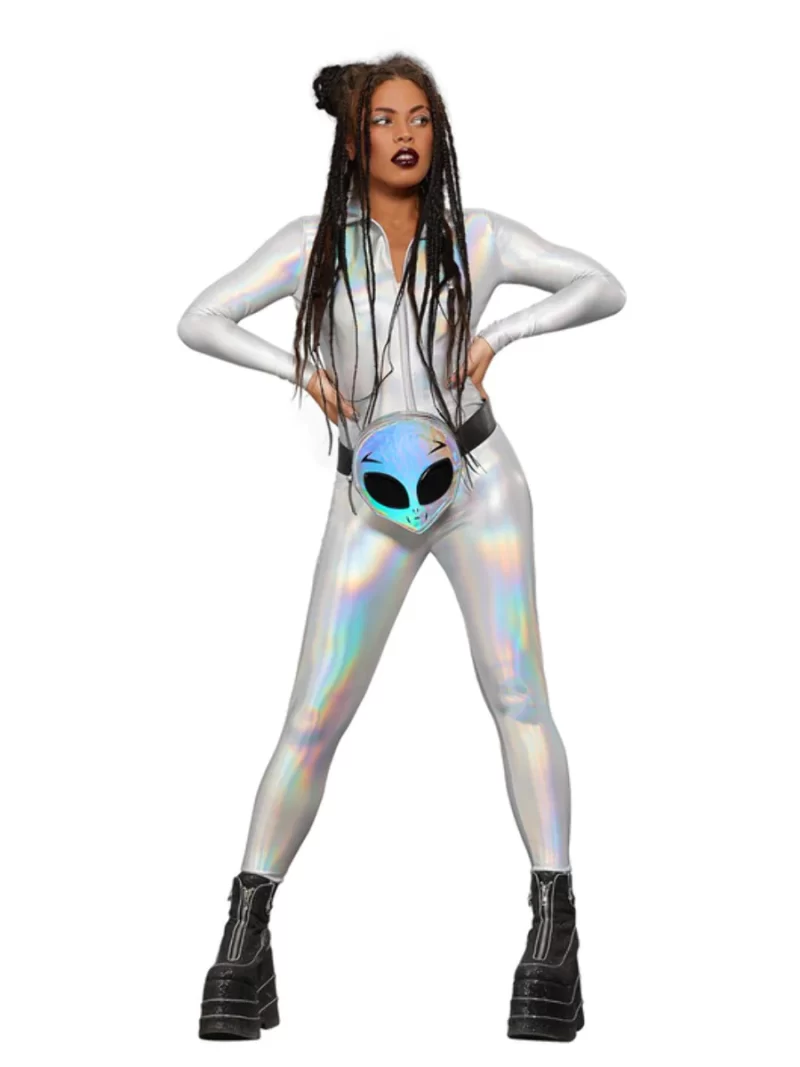 Fever Miss Whiplash Mirror Holographic Catsuit Ladies Fancy Dress Costume - Image 2