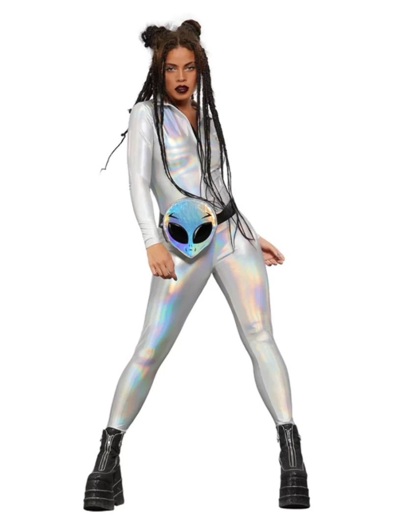 Fever Miss Whiplash Mirror Holographic Catsuit Ladies Fancy Dress Costume