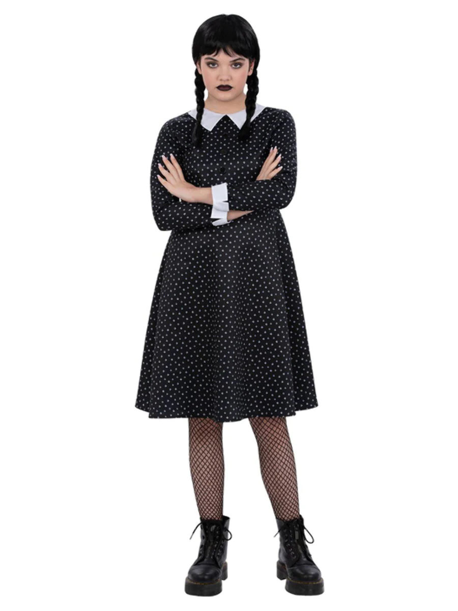 Gothic School Girl + Wig Fancy Dress Wednesday Addams Halloween