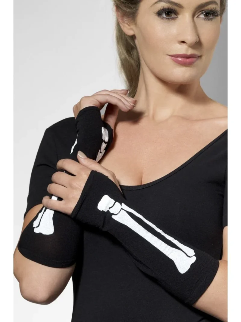 Skeleton Print Fingerless Gloves