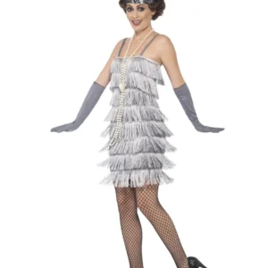 Silver Fringed Flapper Short Ladies Fancy Dress Costume - Image 2