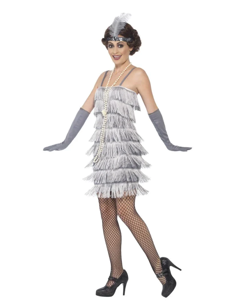 Silver Fringed Flapper Short Ladies Fancy Dress Costume - Image 2