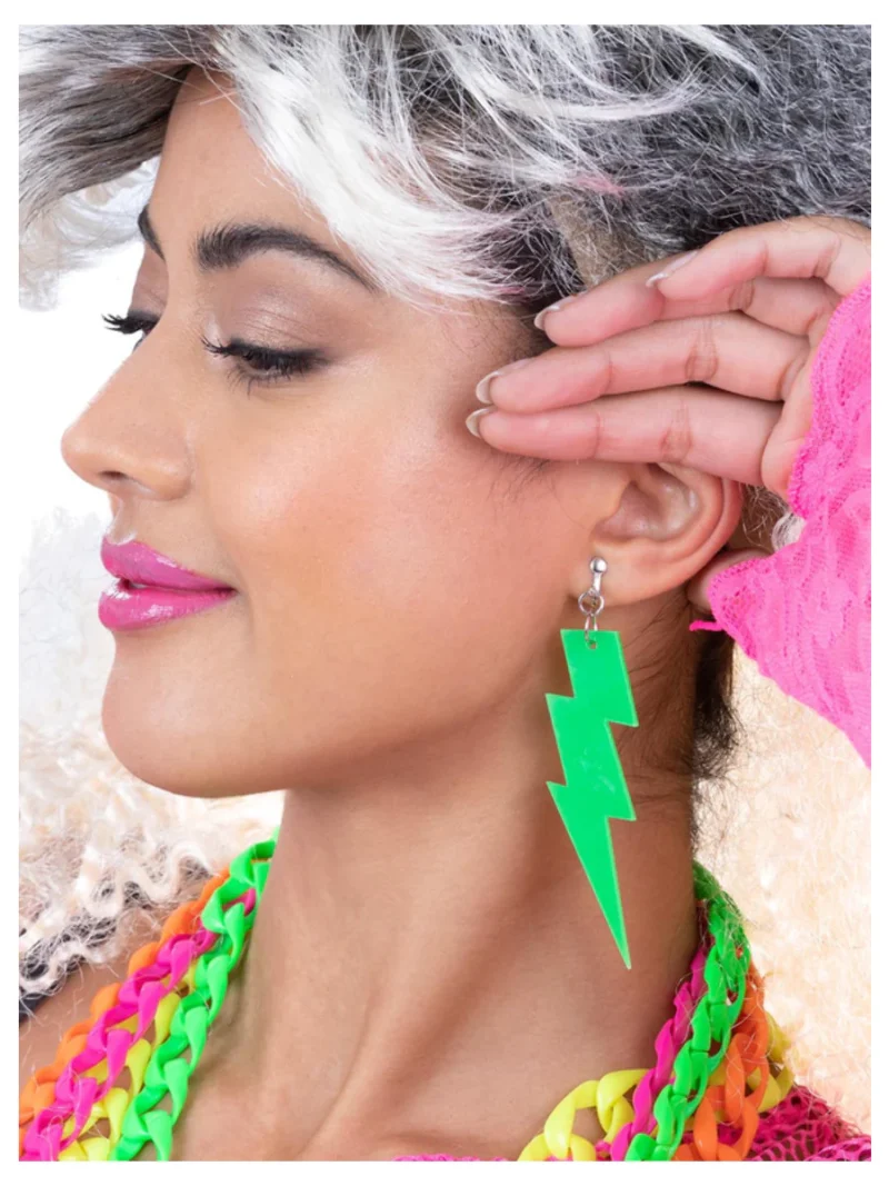 80s Neon Lightening Bolt Earrings, Green - Image 2