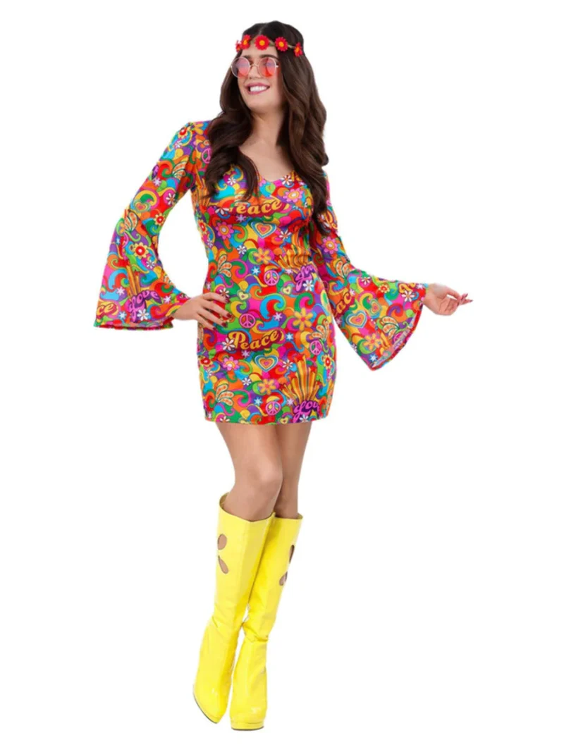 60s Rainbow Peace Hippie Ladies Fancy Dress Costume - Image 2