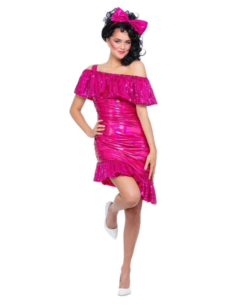 80s Pink Sparkle Cocktail Dress Ladies Fancy Dress Costume - Image 2