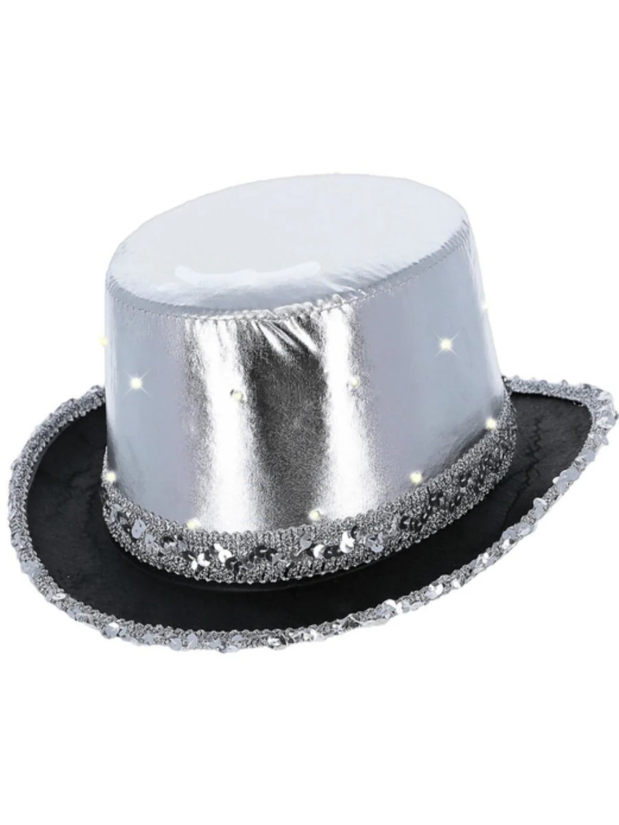Led Light Up Metallic Top Hat Silver Fancy Dress Costume