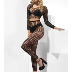 Sexy Fence Net Set, Black, with Crop Top & Footless Tights