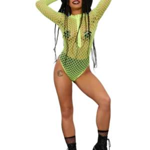 Fever Long Sleeve Zipped Bodystocking, Neon Yellow - Image 2