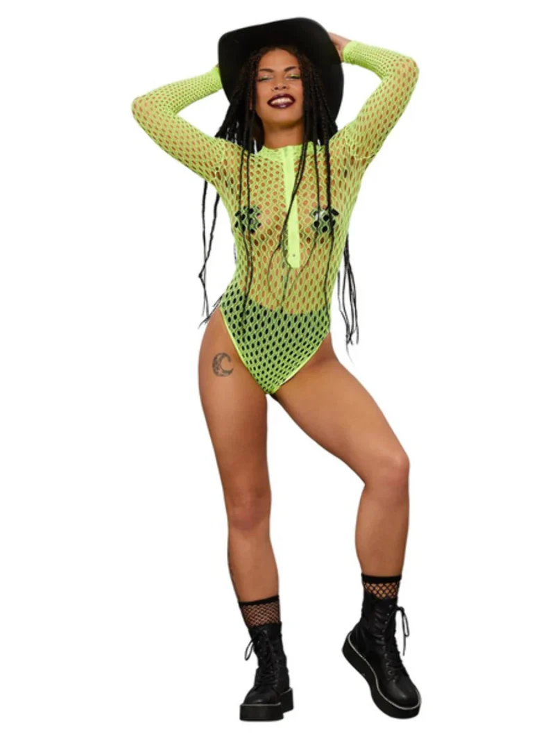 Fever Long Sleeve Zipped Bodystocking, Neon Yellow - Image 2