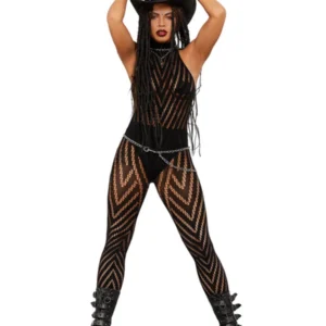 Fever Sleeveless V Striped Fishnet Bodystocking - Image 2