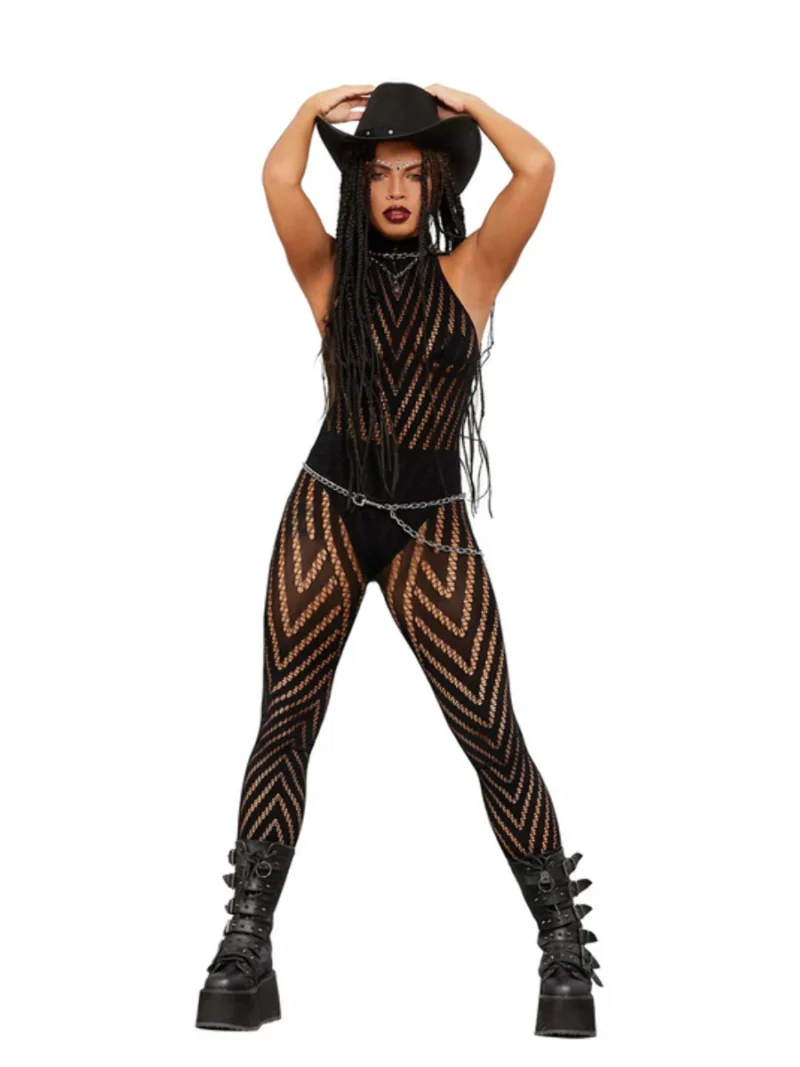 Fever Sleeveless V Striped Fishnet Bodystocking - Image 2