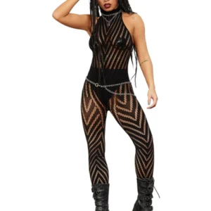 Fever Sleeveless V Striped Fishnet Bodystocking