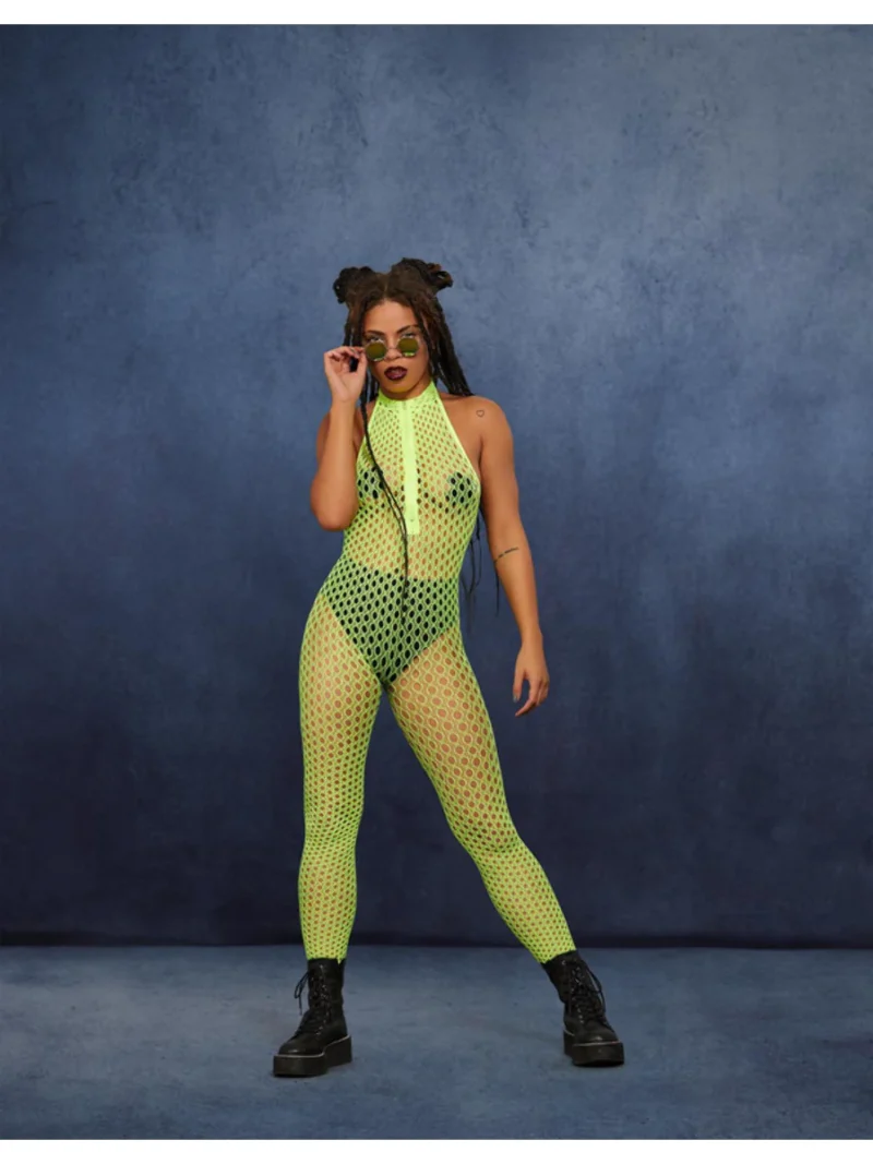 Fever Sleeveless Zipped Bodystocking, Neon Yellow - Image 2