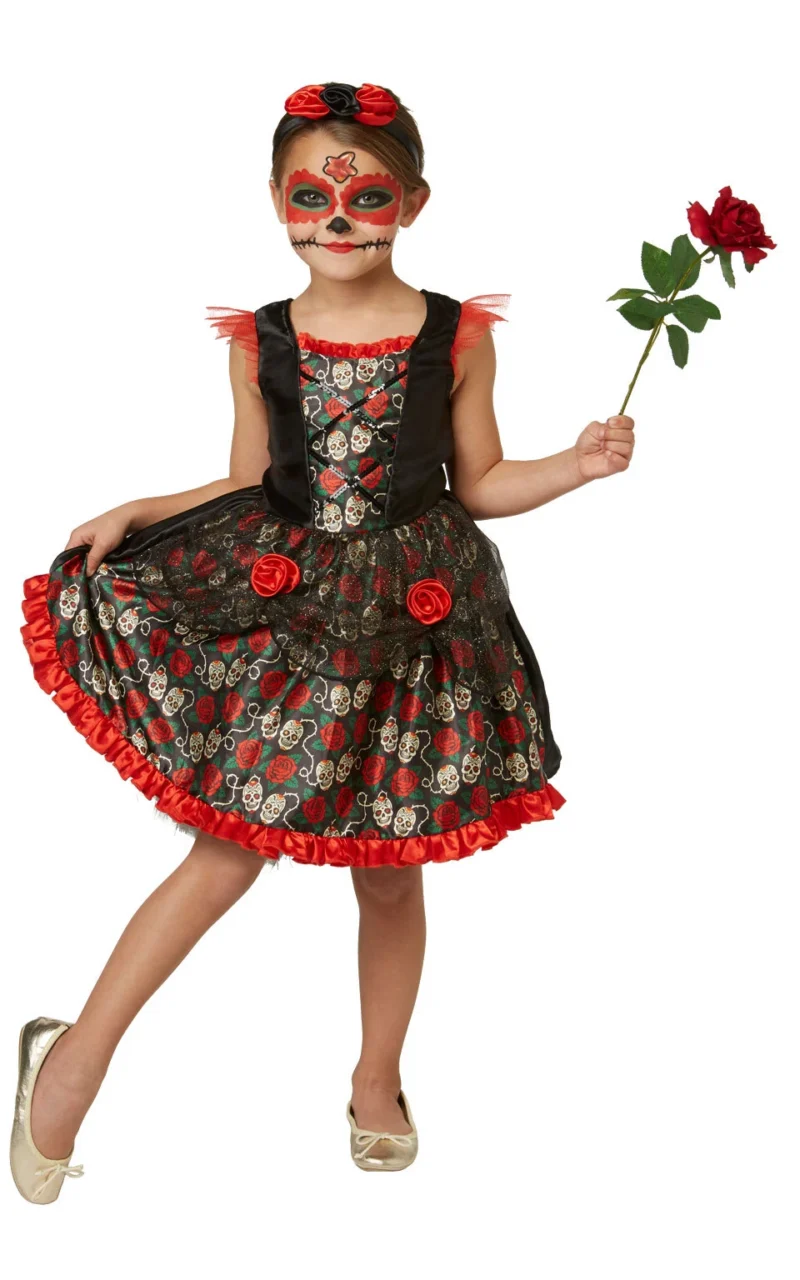 Rose Red Day Of The Dead Doll Childrens Halloween Fancy Dress Costume