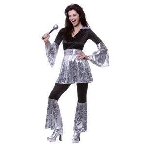 70s Silver/Black Dancing Mamma Mia Ladies Fancy Dress Costume