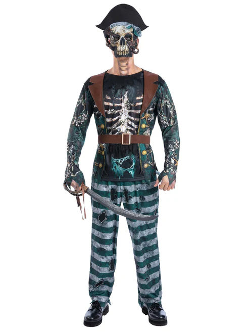 Skeleton Pirate Captain Halloween Mens Fancy Dress Costume