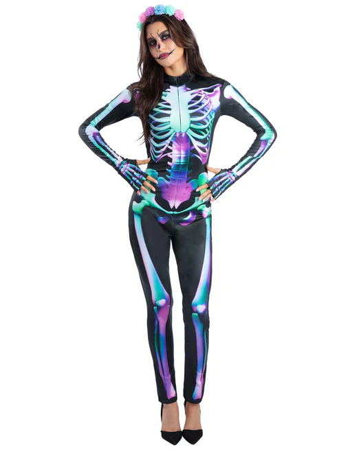 Bright Bones Skeleton Ladies Halloween Fancy Dress Costumes