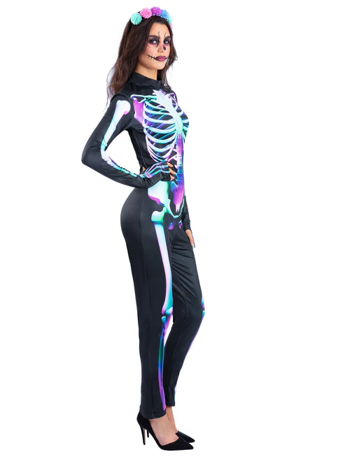 Bright Bones Skeleton Ladies Halloween Fancy Dress Costumes - Image 3