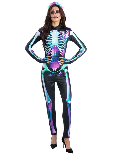 Bright Bones Skeleton Ladies Halloween Fancy Dress Costumes - Image 2