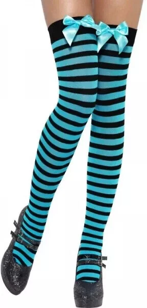 Black/Blue Striped Stockings Hold-Ups with Blue Satin Bow